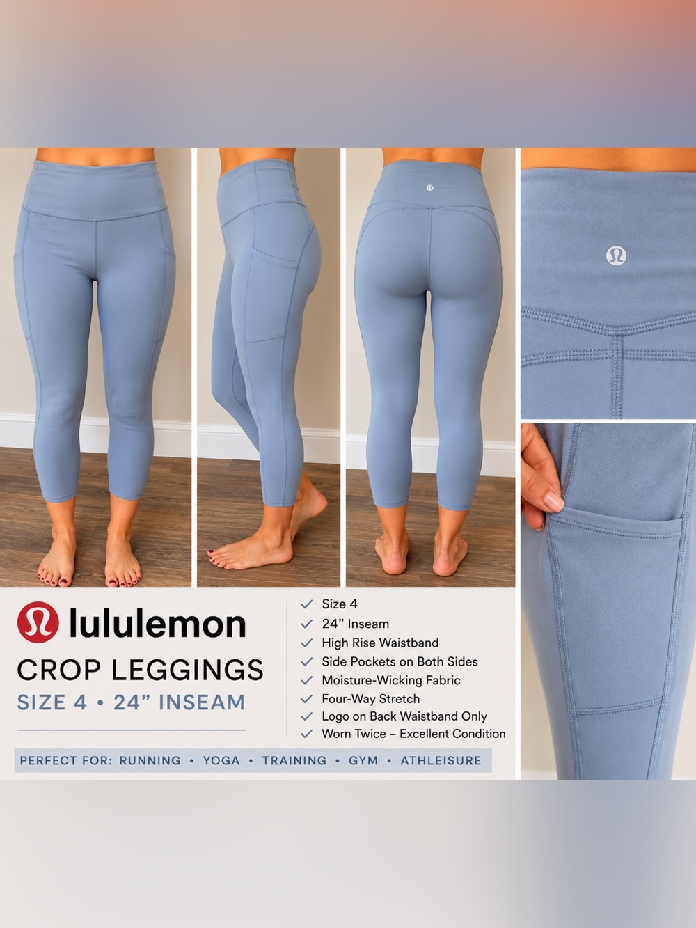 Lululemon Fast & Free Crop Leggings Size 4 Gray Blue 24” Inseam Side Pockets
